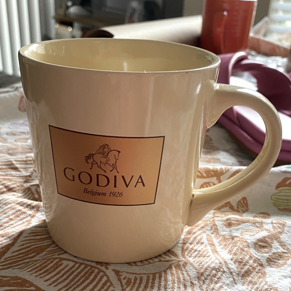 GODIVA Cream Colored Mug With Bronze and Brown on front. NWOT. Chocolate Lovers!